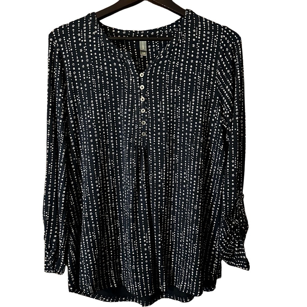 Denver Hayes Black & White 3/4 Sleeve Floral Viscose Buttoned Tunic Sz Large